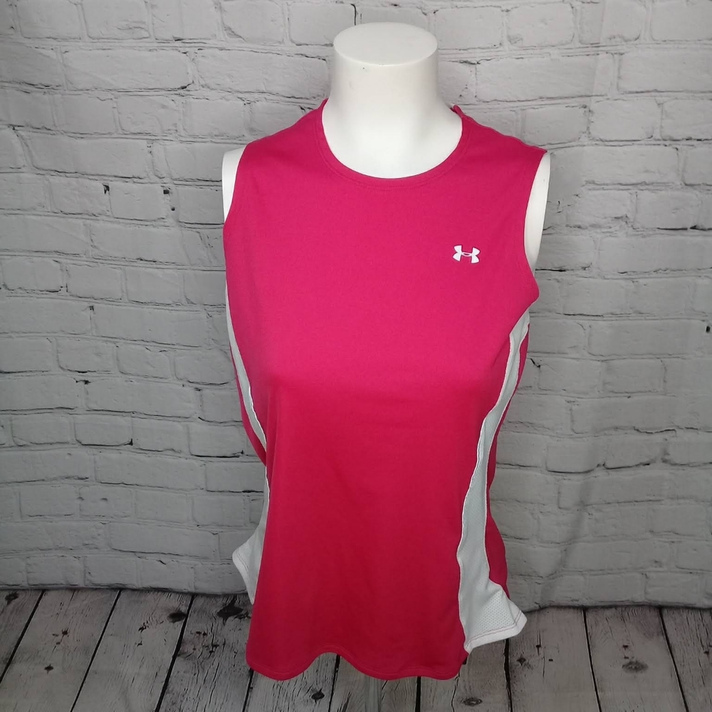 Under Armour Heat Gear Sleeveless Pink White Mesh Side Workout Tee Sz Medium